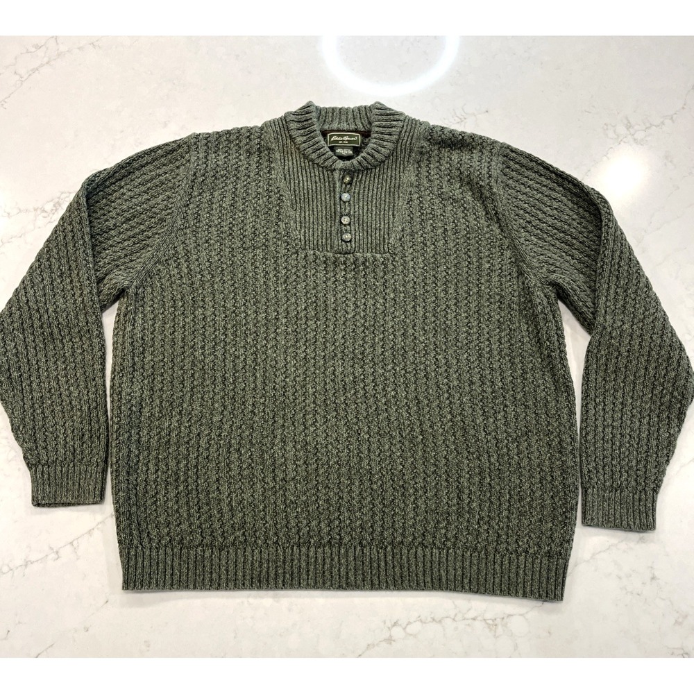 Eddie Bauer Cotton Big Knit Green Fisherman Sweater 1/4 Button XL Grandpa Preppy